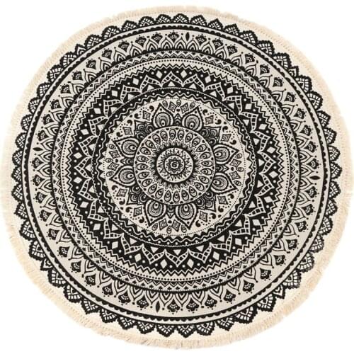Morocco Round Carpet Bedroom Boho Style Tassel Cotton Rug Hand Woven National Classic Tapestry Sofa Cushion Tatami Floor Mats-Bl