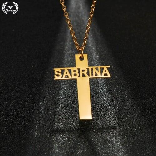 Diamon Fashion Personalized Name Jesus Cross Pendant Custom Letters Nameplate Chain Stainless Steel Jewelry for Men Women Gift