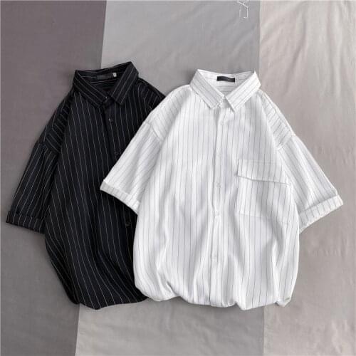 2021Summer Casual Loose Vertical Stripes Mens Shirts Short Sleeve Top Simplicity Cool Lapel Business Attire
