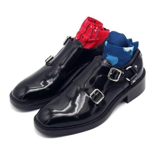 High top shoes for men handmade genuine leather black business shoes slip on metal monk straps wedding men shoes