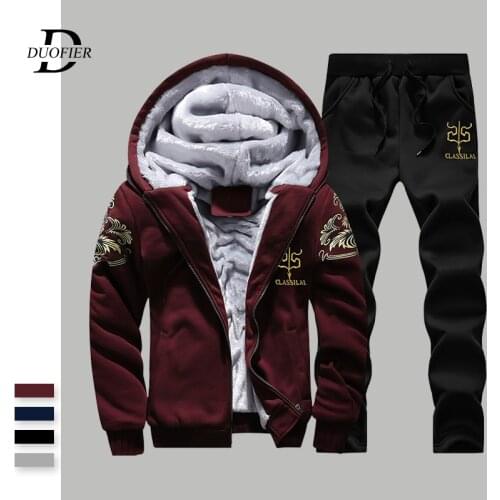 Winter Men Sets Hoodies Warm Thick Fleece Casual Tracksuit Mens Sporting Hooded Jackets+Pants 2PC Sets Printed Sweatsuit Male