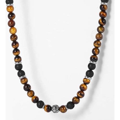 8mm Natural Tiger Eyes Stone Mixed Lava Bead Necklace For Men Women Stainless Steel Bead Charm Toggle Clasp 18-20inch DTNB002