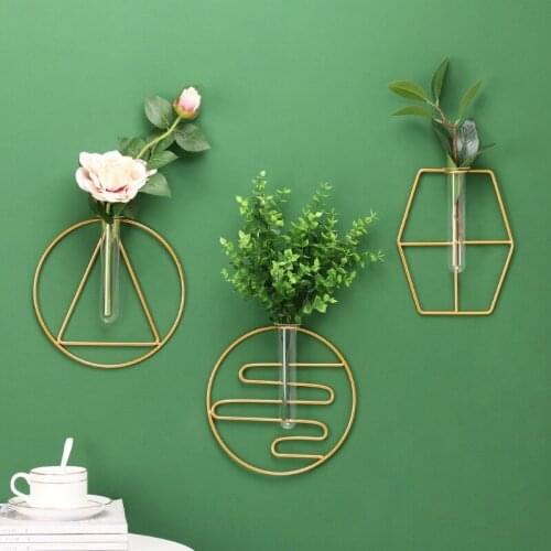 Simple black/gold geometric glass vase hydroponic plant iron hanging wall vase flower arrangement wall decoration gift