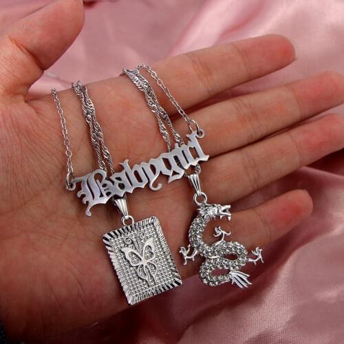 JUST FEEL Butterfly Crystal Dragon Babygirl Pendant Necklace for Women Fashion Multilayer Metal Chain Necklace Geometric Jewelry