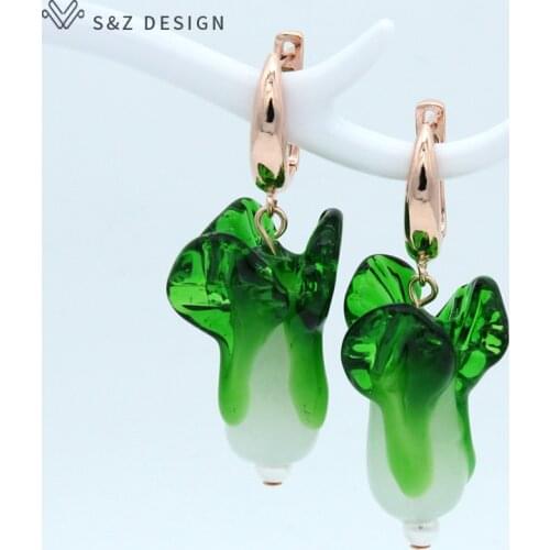 S&Z Fashion Cute Vegetables Shape Dangle Earrings Green Coloured Glaze Chinese Cabbage Jewelry For Lady Girls Daily Accessories