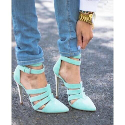Light blue pointed toe suede women sandals hollow out high heel sandals fashion ankle buckle sandals stiletto heel pumps