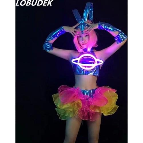 LED Light Cute Tops Skirts Set Festival Party Sexy Dance Costume Bar Nightclub Dancer Team Performance Stage Wear