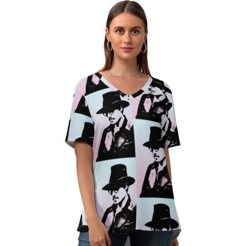 Johnny Depp Tshirt Kawaii Short Sleeve Ladies T Shirt Street Style V Neck Graphic T-Shirt Large Size