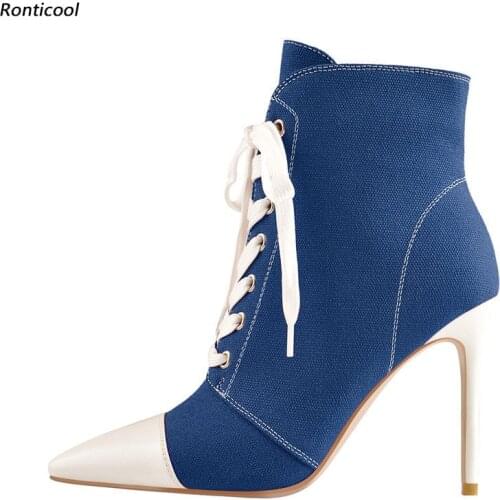 Ronticool Women Winter Ankle Boots Denim Side Zipper Stiletto Heels Pointed Toe Black Blue Red Casual Shoes Plus US Size 5-15