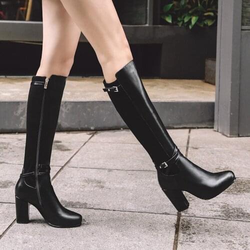 YMECHIC 2018 Autumn Winter Buckle Strap Chunky Block High Heel Ridding Knee High Knight Motorcycle Boots Female Black Lady Shoes