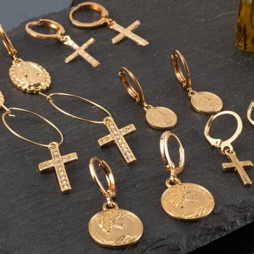 Vintage Irregular Cross Drop Earrings For Women Golden Elegant Coin Portrait Pendant Earrings 2021 Trend Party Jewelry Gifts New