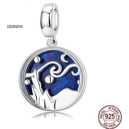 925 Sterling Silver Starry Sky Night Blue Enamel Pendant Charm fit Women Original Bracelet and Necklace Jewelry SCC321389