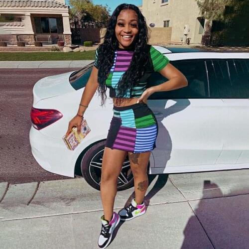 Color Block Striped Patchwork Two Piece Skirt Set Womens Clothing 2021 Short Sleeve Bandage T-shirt and Bodycon Mini Skirts