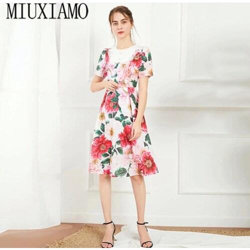 2021 New Summer Womens O-Neck Short Sleeves Flower Print Elegant high quality apricot dress with lace embroidery dress