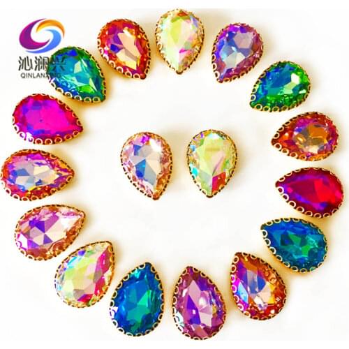 10x14mm/13x18mm AB color Drop shape glass crystal lace claw rhinestones,golden base sew on stone for Diy/Clothing accessories