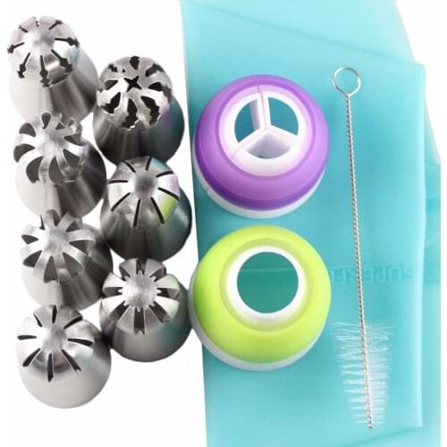 11Pcs Pastry Nozzles Coupler Icing Piping Tips Sets Stainless Steel Sphere Ball Nozzles Silicone Bags Cupcake Cake Decorating