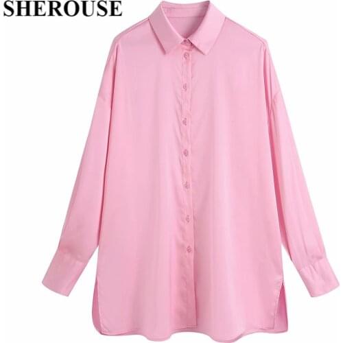 2021 Women Fashion Single Breasted Side Slit Solid Shirt Long Sleeves Lapel Neck Vintage Female Blouse Chic Tops haut femme