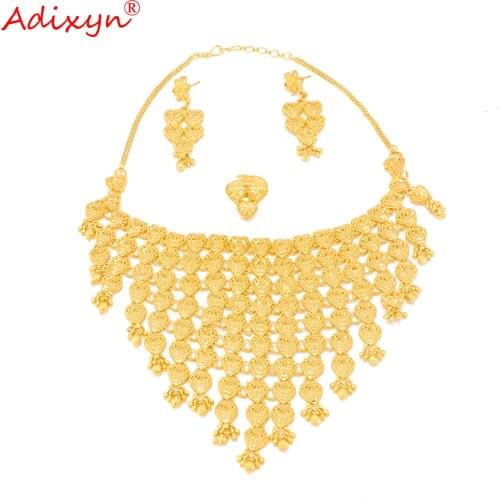 Adixyn 24k African Jewelry Set Gold Color Necklace Earring Ring Set Big Size Arab Dubai Wedding High Quality MOM/Girlfriend Gift