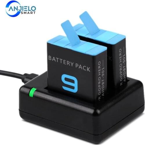 Anjielosmart Full Decode Battery Pack+Micro USB/Type-C Dual Charger For GoPro Hero 9 Black Chargeable Li-ion Batterie