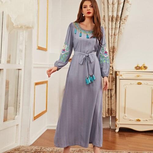 Dubai Muslim Robe Femme African Clothing Embroidery Tassel Robe Gray Round Neck Slim Dress Robes De Soirée Summer Dress 2021 4XL
