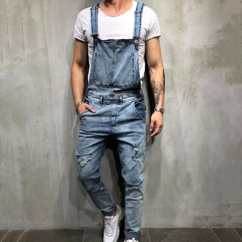 Retro Summer Men Ripped Denim Overalls Destroyed Hole Long Pants Jeans Jumpsuit Jeans