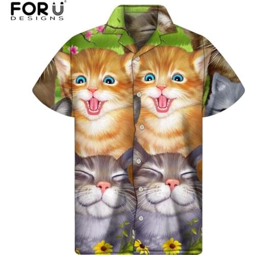 FORUDESIGNS Cute Cats Dogs Selfie Pattern Male Summer Breathable Casual Short Sleeve Mens Hawaiian Loose Blouse Tops Camisa