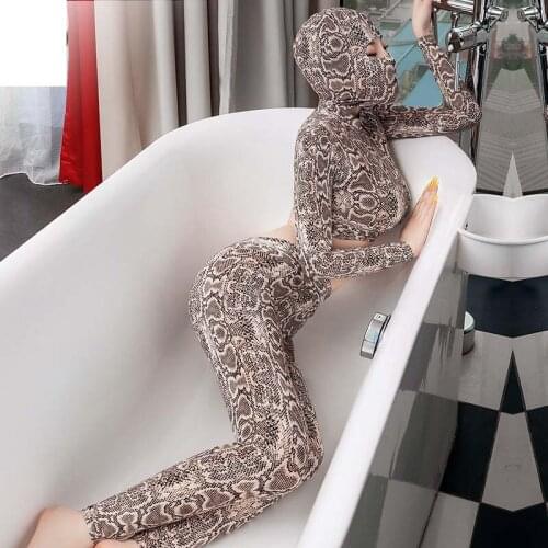 Two Piece Set Python Snake Bodycon Cospaly Costume Long Sleeve Crop Tops Low Waist Pencil Pants Fitness Legging Sexy Leggings