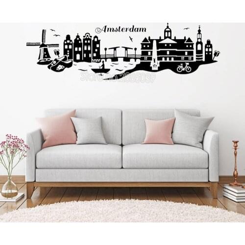 Beautiful Amsterdam Skyline Wall Sticker Netherland City Decal Art Cities Building Design Vinyl Mural Removable Wall DecalsLC131