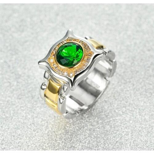 Male Vintage Yellow Gold Two Tone Geometric Ring Fashion Blue Green Round Zircon Engagement Rings For Men Wedding Bands Jewelry