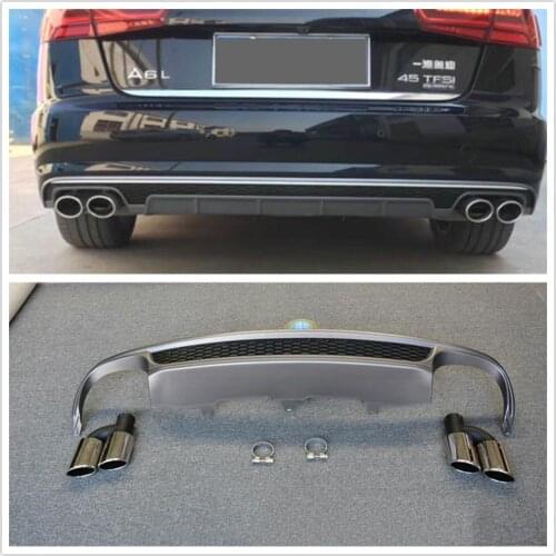 Honeycomb Rear Bumper Diffuser Lip & Muffler Pipes Exhaust Tips For Audi A6 C7 2012-2015 S6 Style
