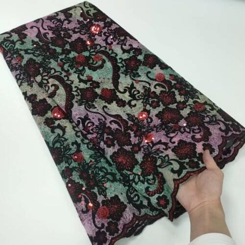 New Design Red With Big Star Sequins African French Velvet Lace Fabric High Quality Nigerian Velvet Lace Fabric For Garment Part