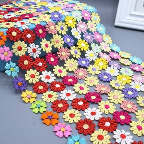 Wholesale 1 meter /2 meter Colorful Dainty Flowers Daisy Polyester Lace Trim Embroidered Lace Ribbon For Sewing Craft Wedding