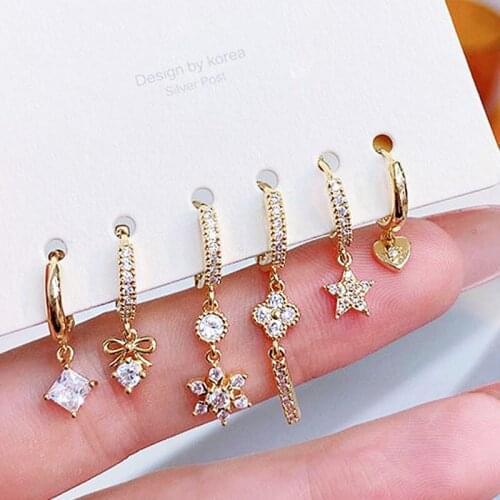 Romantic Six Set Earrings for Women Exquisite Key Heart Snowflake Star Butterfly Style Jewelry Micro Inlaid Top Quality Zircon