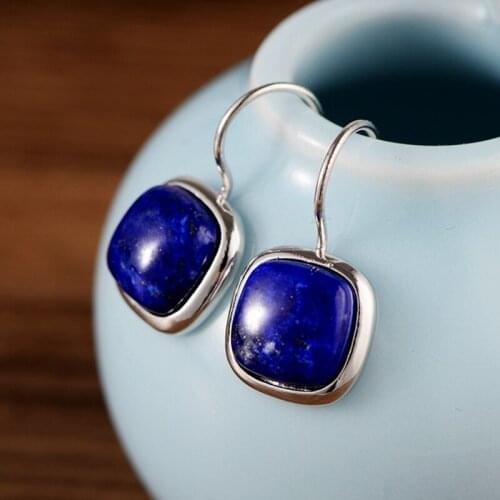 High Quality S925 Sterling Silver Block Lapis Chalcedony Earrings Fashion Wedding Jewelry for Women Free Shipping