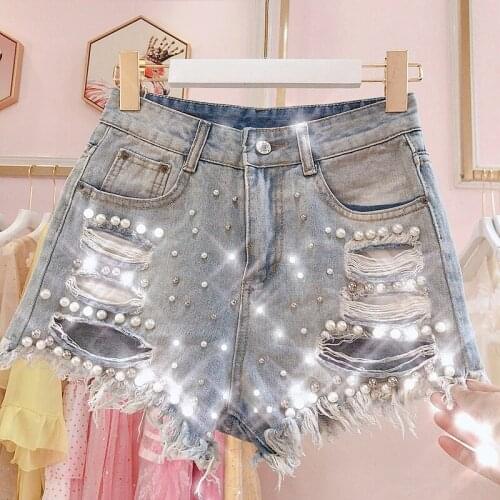 Punk Hot Waisted Shorts High Pearl Womens KZ237 Hot Denim Feminino Ripped Mujer Jeans Sexy Summer Shorts Women Beading Short De