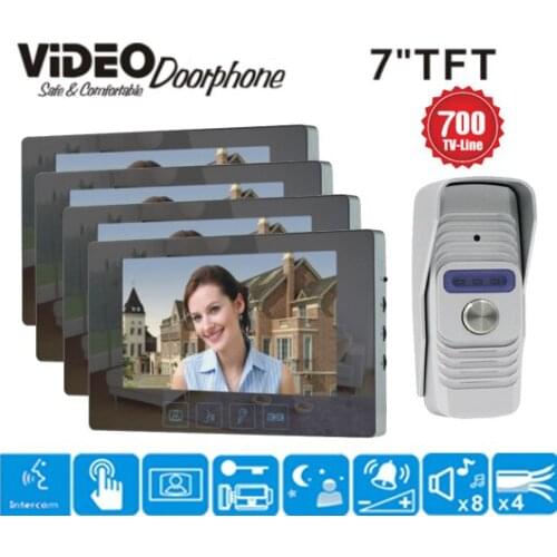 ZHUDELE 7" Color Video Door Phone Video Intercom 4 Monitor Doorbell Camera Intercom Kit IR Night Vision Camera for Apartment