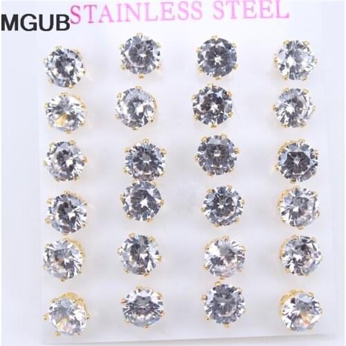 12 pair /Set Factory Price 3mm-8mm Rhinestone Stainless Steel Stud earring For Women Simple Earrings Party Jewelry Gift LH739