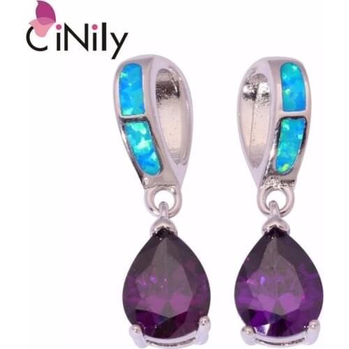CiNily Created Blue White Fire Opal Purple Blue Zircon Silver Plated Wholesale For Women Jewelry Stud Earrings 7/8" OH4174-75