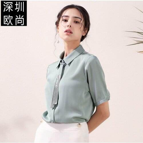 Women tops and blouses blue beige chiffon inlay high quality 2020 summer office shirts long sleeve casual sexy plus size loose