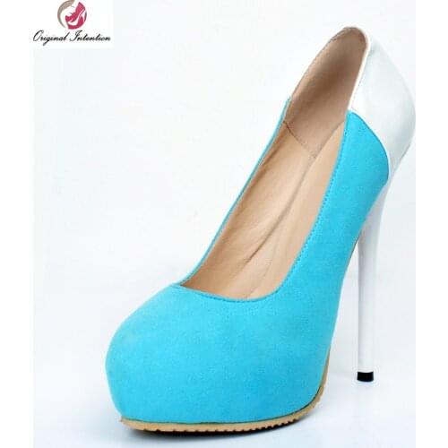 Original Intention Women Pumps Nice Platform Round Toe Thin Heels Pumps High-quality Blue Purple Shoes Woman Plus US Size 4-15