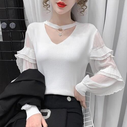 Falbala splicing sweater knit female autumn new han edition design feeling chiffon sleeve western style jacket