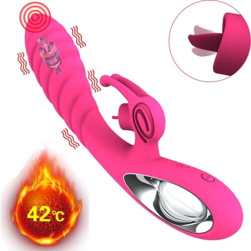 Heating Dildo Vibrator Dual Motor G-Spot Rabbit Vibrator Licking Clitoris Stimulator Vaginal Pussy Massager Sex Toys for Women
