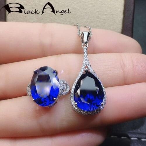 BLACK ANGEL New Temperament Big Water Drop Pendant Geometry Jewelry Sets Sapphire Spinel Necklace For Women CZ Resizable Rings