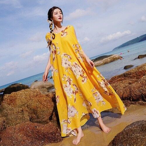 TingYiLi Boho Women Dress Summer Holiday Beach Dress V-neck Sleeveless Korean Floral Print Yellow Purple Red Maxi Dress