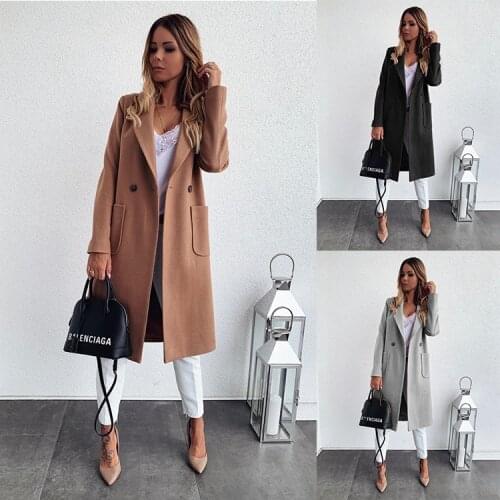 Autumn and winter solid color long-sleeved double-pocket suit collar woolen coat women