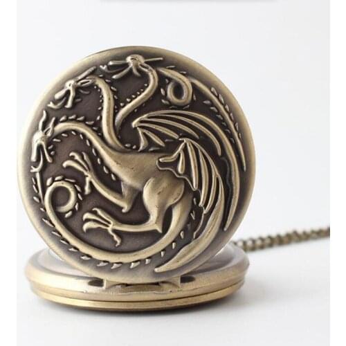 1123) 12pcs/lot Dragons of Legend Three-headed Dragon bronze pocket watch necklace size 47mm