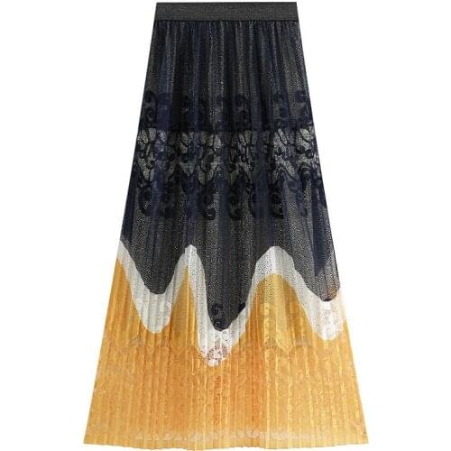 2020 Women Lace Crochet Hollow Out Skirts Contrast Pleated Female Casual Long Skirt