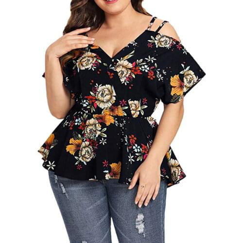 5XL Plus Size Blouse Women 2020 Fashion Summer V Neck Short Sleeve Cold Shoulder Blouse Floral Print Casual Blouse Tops