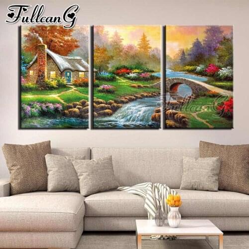 FULLCANG 5d diy diamond embroidery spring cottage landscape bridge river painting triptych full square round drill decor FC3099