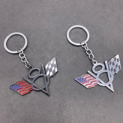 Auto Keyring Key holder V8 3D Metal Keychain USA Flag for Chevrolet Chrysler Ford Black/Chrome